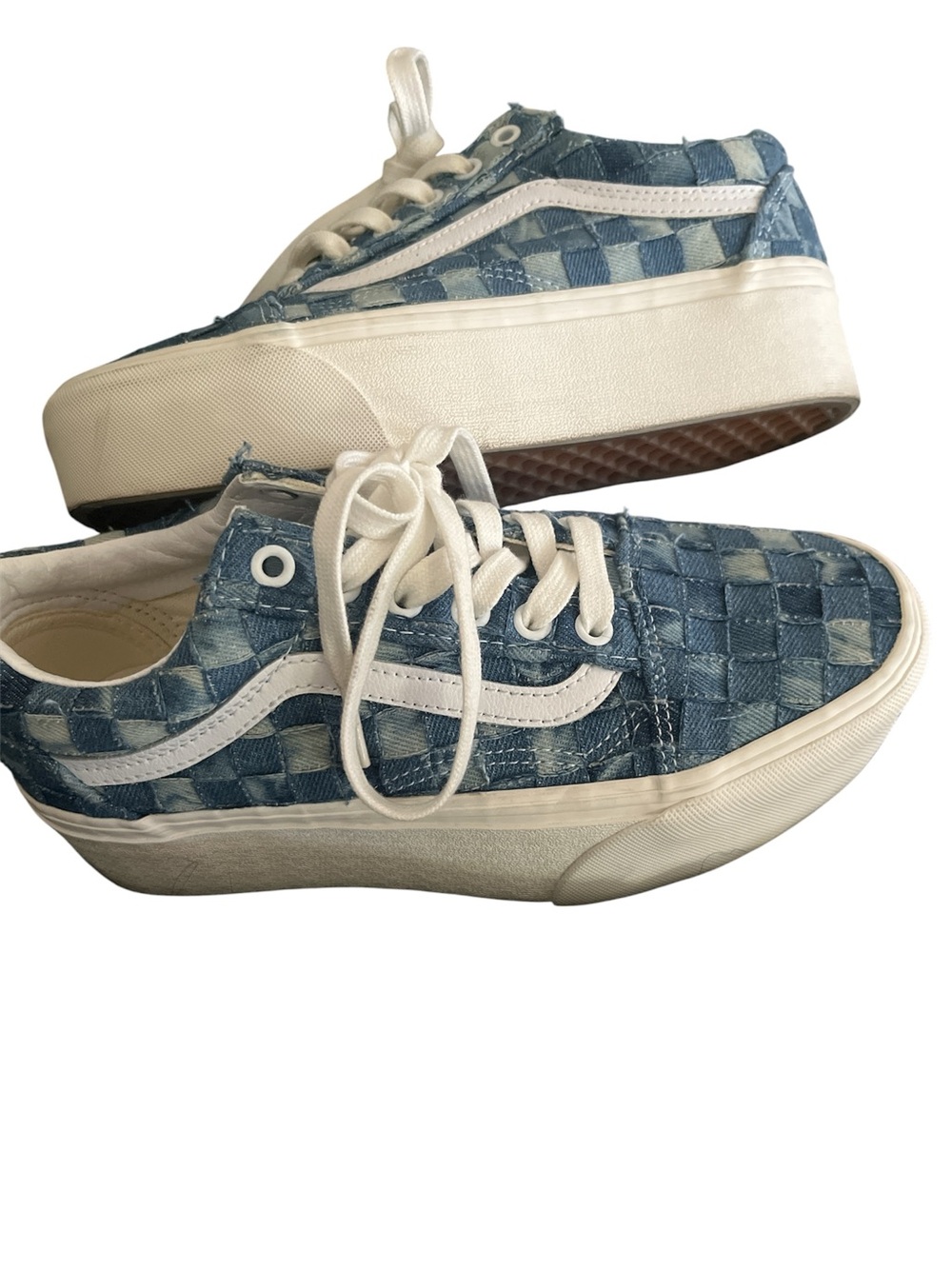 Vans Women's Blue Woven Platform Old Skool Sneakers with White Stripe